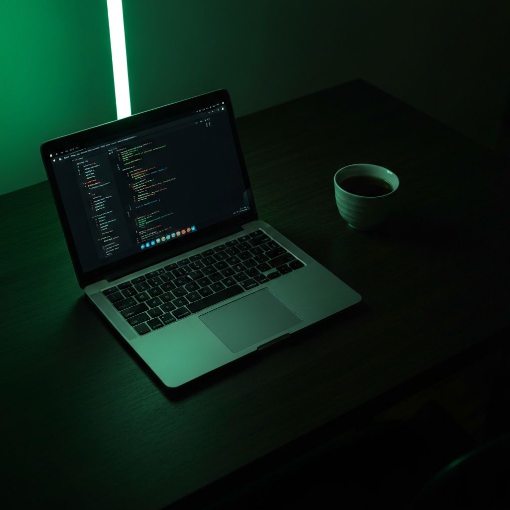 Minimal developer desk setup at night with subtle emerald light