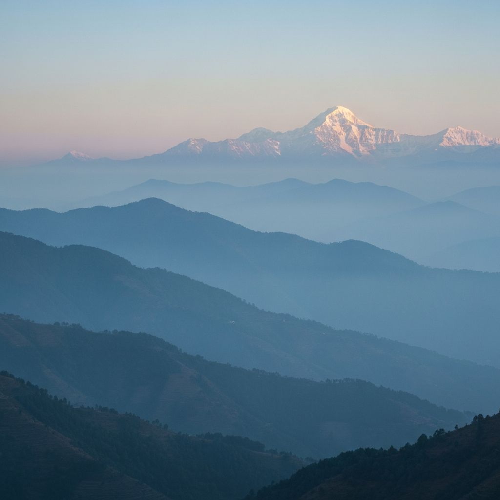 Misty Himalayan mountains in Nepal at dawn